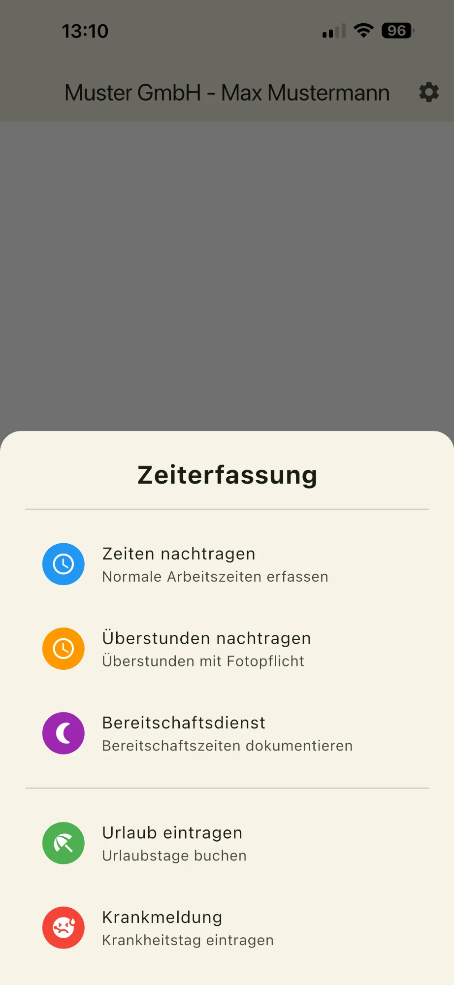 Zeitro Zeiterfassung Menü